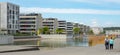 Opfikon, Switzerland - April 19th 2020: Artificial lake in the housing area of Glattpark