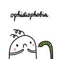 Ophidiophobia hand drawn illustration with cute marshmallow and snake