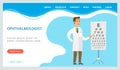 Ophthalmic assistance, consultation with doctor landing page template with male ophthalmologist