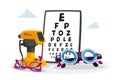 Ophthalmological Equipment Chart for Eyesight Check Up, Auto Refractometer and Eyeglasses. Oculist Optician Devices Royalty Free Stock Photo