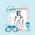Ophthalmological tools for vision testing. Examination by optician. Vision correction and healthcare, concept banner. Snellen Eye