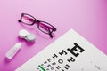 Ophthalmologist accessories glasses, lenses and vitamins with a test target for vision correction on a pink background Royalty Free Stock Photo