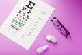 Ophthalmologist accessories glasses, lenses and vitamins with a test target for vision correction on a pink background Royalty Free Stock Photo