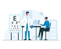 Ophthalmologist appointment interior. Vector concept illustration of male doctor oculist in the cabinet consulting female patient Royalty Free Stock Photo