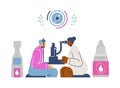 Ophthalmologist checking eyesight of patient using eye microscope test machine, care liquid solution vector illustration Royalty Free Stock Photo