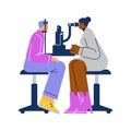 Ophthalmologist checking eyesight of patient using eye microscope test machine, vector flat illustration of diagnostics