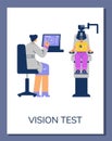 Ophthalmologist doctor check eyesight using computer, vision test, professional optician technology vector flat poster