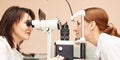 Ophthalmologist doctor in exam optician laboratory with female patient. Eye care Royalty Free Stock Photo