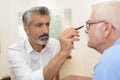 Ophthalmologist doing eye check up to senior at clinic