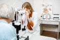 Ophthalmologist examining eyes with a microscope