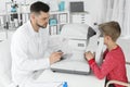 Ophthalmologist examining little boy