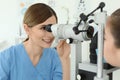 Ophthalmologist examining little girl