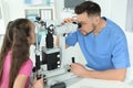 Ophthalmologist examining little girl