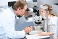 ophthalmologist examining vision of pre-adolescent child