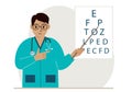 Ophthalmologist near the vision test table. Diagnosis and eye examination. Optometrist checks eyesight and chooses Royalty Free Stock Photo