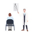 Ophthalmologist with pointer standing beside eye chart and checking eyesight of man sitting in front of it. Oculist