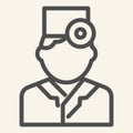 Ophthalmologist or Therapist line icon. Medical doctor with head mirror outline style pictogram on white background