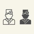 Ophthalmologist or Therapist line and solid icon. Medical doctor with head mirror outline style pictogram on white