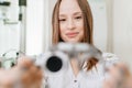 ophthalmologist with trial frame for selection of glasses. selective focus Royalty Free Stock Photo