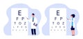 Ophthalmologists characters. Oculists checking vision vector illustration. Male female ophthalmologists. Ophthalmology