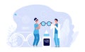 Ophthalmologists characters. Ophthalmology clinic vector concept. Doctor and nurse with glasses, eye examination Royalty Free Stock Photo