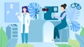 Ophthalmologists okulists doctors in medical clinic vector illustration. Optometrist tests vision, eyes health.