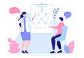 Ophthalmology of Checks Patient Sight, Optical Eyes Test, Spectacles Technology and Choosing Eyeglasses Lens in Illustration