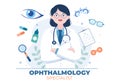 Ophthalmology of Checks Patient Sight, Optical Eyes Test, Spectacles Technology and Choosing Eyeglasses Lens in Illustration