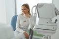 Ophthalmology Clinic. Woman Preparing Checking Eye Vision Royalty Free Stock Photo