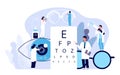 Ophthalmology concept. Ophthalmologist checks patient sight. Optical eyes test, spectacles technology. Vector good