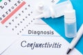 Ophthalmology diagnosis Conjunctivitis. Snellen eye chart, two bottles of eye drops medications lying on notebook with inscri