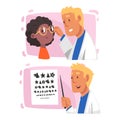 Ophthalmology Diagnostics with African American Girl Having Eyesight and Vision Checkup and Correction Vector Set