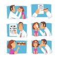 Ophthalmology Diagnostics with Girl Having Eyesight and Vision Checkup and Correction Vector Set