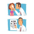 Ophthalmology Diagnostics with Teen Girl Having Eyesight and Vision Checkup and Correction Vector Set