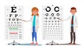 Ophthalmology Doctor Set Vector. Female, Male. Medical Eye Diagnostic. Eye Test Chart In Clinic. Diagnostic Of Myopia