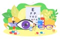 Ophthalmology eye care, oculists work vector illustration. Sight clinical diagnostic, vision check up testing. Doctor Royalty Free Stock Photo