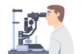 Ophthalmology and Eye Examination with Man Health Care Professional Screening Patient on Slit Lamp Vector Illustration