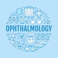Ophthalmology, eyes health care circle porter with line icons. Vision correction brochure signs for oculist clinic Royalty Free Stock Photo