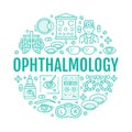 Ophthalmology, eyes health care circle porter with line icons. Vision correction brochure signs for oculist clinic Royalty Free Stock Photo