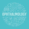 Ophthalmology, eyes health care circle porter with line icons. Vision correction brochure signs for oculist clinic Royalty Free Stock Photo