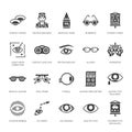 Ophthalmology, eyes health care glyph icons. Optometry equipment, contact lenses, glasses, blindness. Vision correction Royalty Free Stock Photo