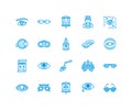 Ophthalmology, eyes health care line icons. Optometry equipment, contact lenses, glasses, blindness. Vision correction