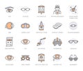 Ophthalmology, eyes health care line icons. Optometry equipment, contact lenses, glasses, blindness. Vision correction Royalty Free Stock Photo