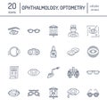 Ophthalmology, eyes health care line icons. Optometry equipment, contact lenses, glasses, blindness. Vision correction