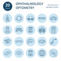 Ophthalmology, eyes health care line icons. Optometry equipment, contact lenses, glasses, blindness. Vision correction