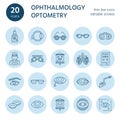 Ophthalmology, eyes health care line icons. Optometry equipment, contact lenses, glasses, blindness. Vision correction Royalty Free Stock Photo