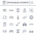 Ophthalmology, eyes health care line icons. Optometry equipment, contact lenses, glasses, blindness. Vision correction