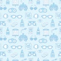 Ophthalmology, eyes health care seamless pattern, medical vector blue background. Optometry equipment, contact lenses Royalty Free Stock Photo