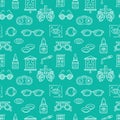 Ophthalmology, eyes health care seamless pattern, medical vector blue background. Optometry equipment, contact lenses Royalty Free Stock Photo