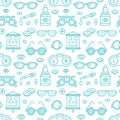 Ophthalmology, eyes health care seamless pattern, medical vector blue background. Optometry equipment, contact lenses